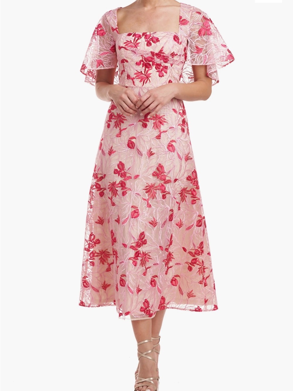 JS Collections Pink Floral Embroidered Lace Midi Dress
